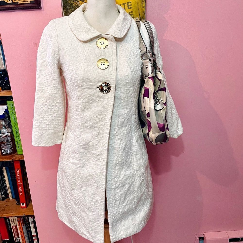 Milly White Brocade Gold Button 3/4 Sleeve Dress Coat